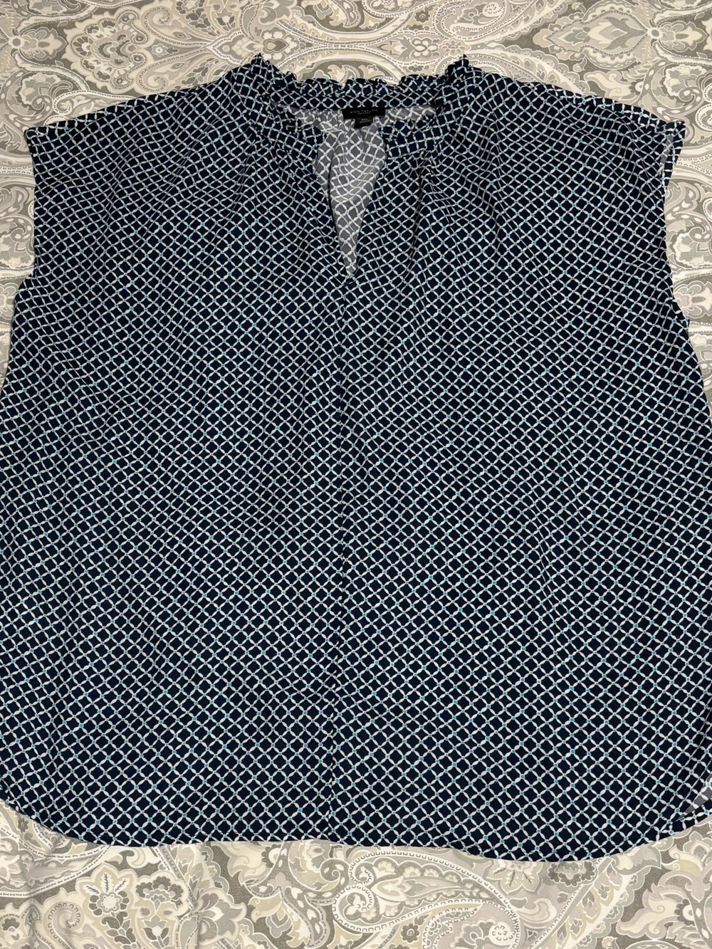 Ann Taylor Navy Geometric Cap-Sleeve Blouse